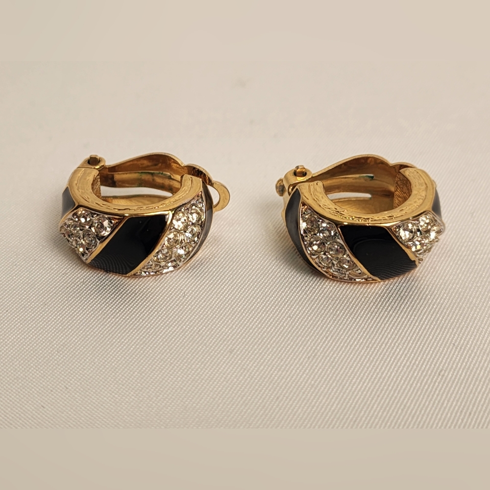 Vintage Goldtone Black Enamel Nina Ricci Clip-on Earrings With Rhinestones - Picture 7 of 10